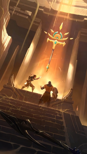 Two warriors reach for a glowing staff in a temple