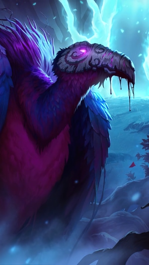 A purple and blue bird creature from Legends of Runeterra