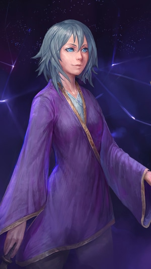 Woman with blue eyes and grey hair in a purple robe