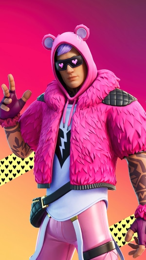 Fortnite character with pink bear hoodie and pixel sunglasses