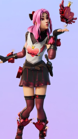Fortnite character with pink hair and heart-themed outfit