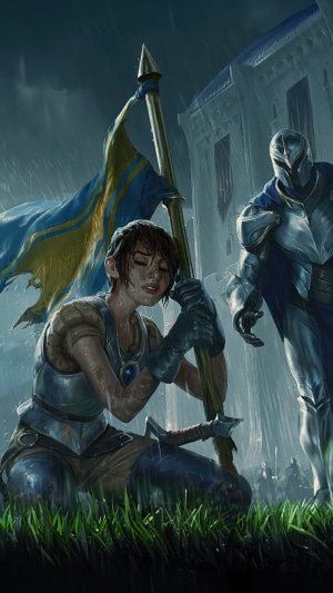 Penitent and Squire from Legends of Runeterra in the rain