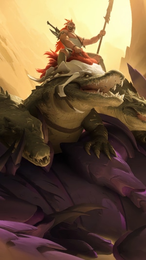 Renata Glasc from Legends of Runeterra riding a crocodile