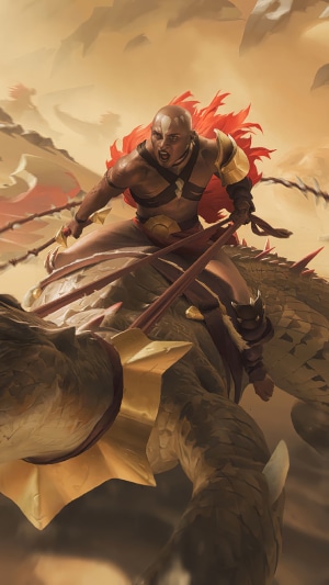 Azir from Legends of Runeterra riding a sand creature