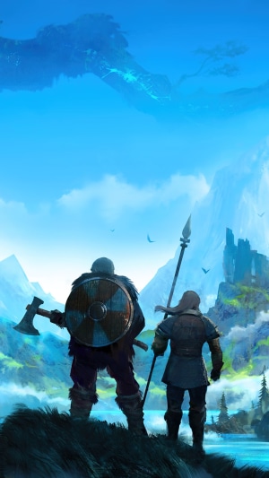 Two Vikings in Valheim looking at a mountain landscape