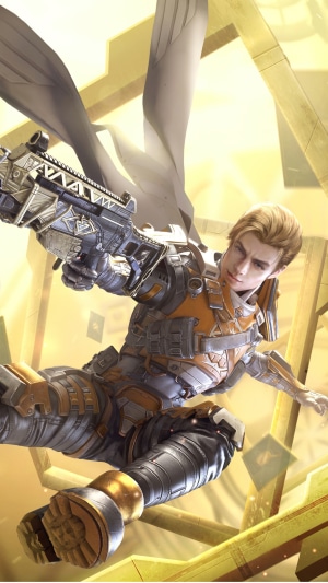 Player in PUBG Mobile with futuristic armor and weapon