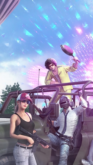 PUBG Mobile characters in a vehicle with fireworks