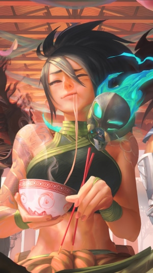 Akali eating noodles from League of Legends