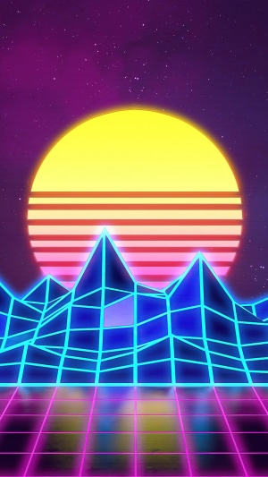 Retro Sunset Over Neon Mountains and Grid