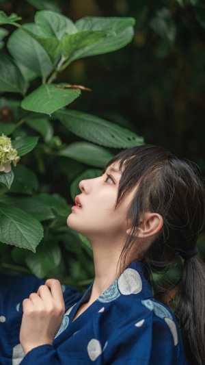 Young Japanese girl in a blue kimono with white circles