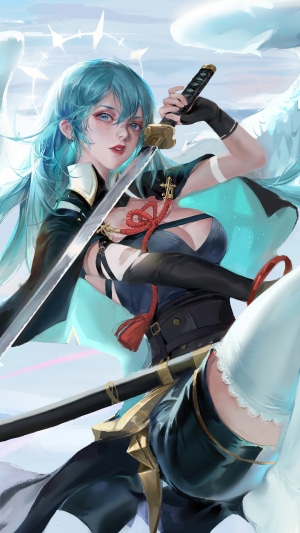 Anime girl with blue hair holding a katana