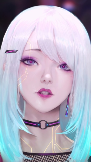 Cyberpunk anime girl with white and blue hair