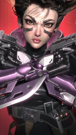 Sombra from Overwatch holding guns and knife