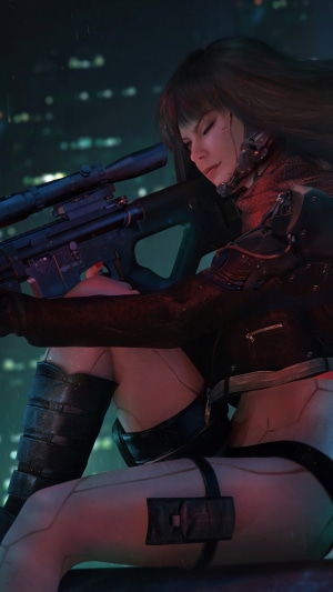 Cyberpunk girl with sniper rifle in a city at night
