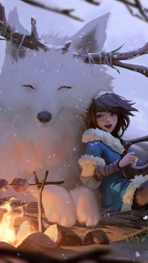 Girl and white wolf by campfire in snow