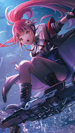 Anime girl with pink hair on a hoverboard in a futuristic city