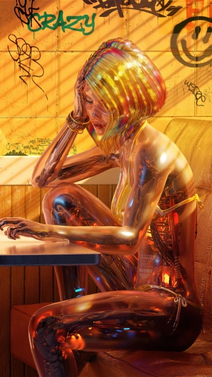 Cyberpunk girl with metallic skin sitting at a table
