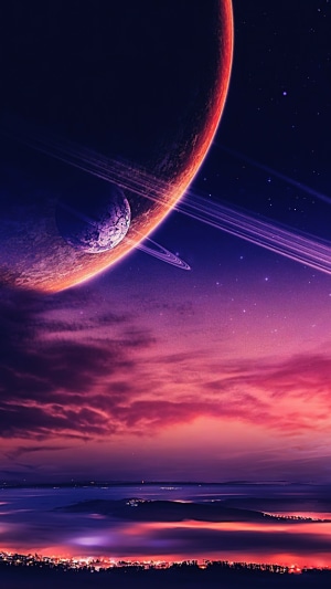 Ringed planet and moon over a misty landscape at sunset