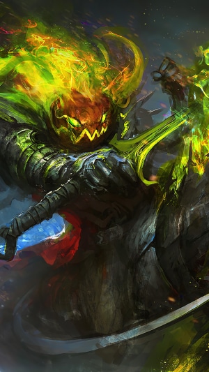 Halloween Pumpkin Head Warrior with Fiery Aura