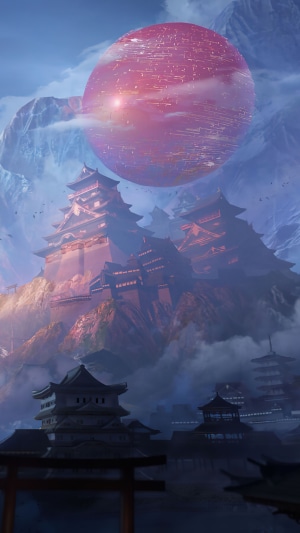 Japanese castle with a large red orb in the sky
