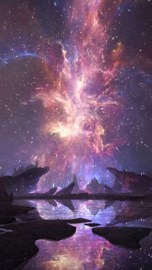 Cosmic Nebula Over Alien Landscape Reflected in Water