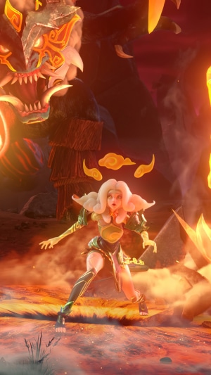 Neeko from League of Legends in a fiery landscape