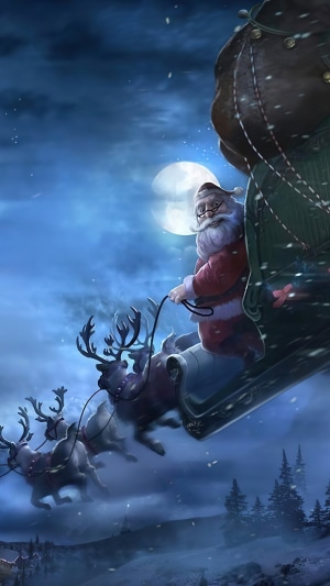 Santa Claus flying in a sleigh pulled by reindeer