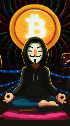 Anonymous meditating with Bitcoin symbol