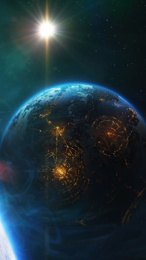 Earth at night with sun and stars