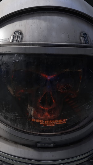 Astronaut helmet with skull reflection