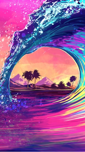 Colorful wave crashing on a tropical beach at sunset
