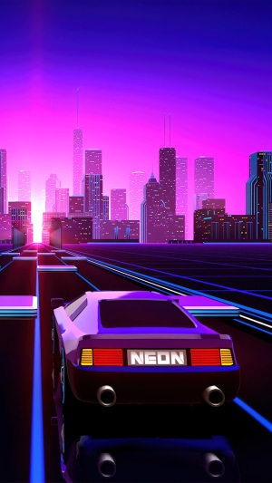 Retro car driving through a neon city
