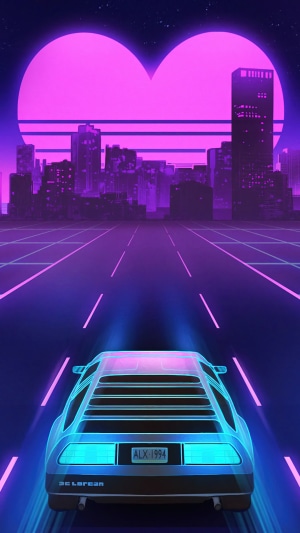 DeLorean driving through a neon city at sunset