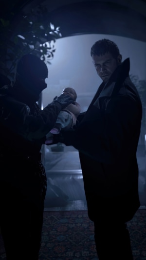 Chris Redfield from Resident Evil Village holding a baby