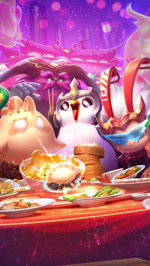 Teamfight Tactics characters celebrating with food