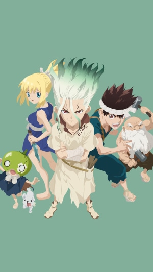 Dr Stone characters Senku Ishigami, Kohaku, Chrome, and others