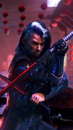 Cyberpunk warrior with dual katanas