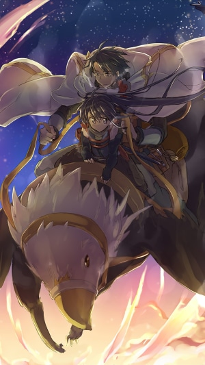 Shiroe and Akatsuki from Log Horizon riding a griffin