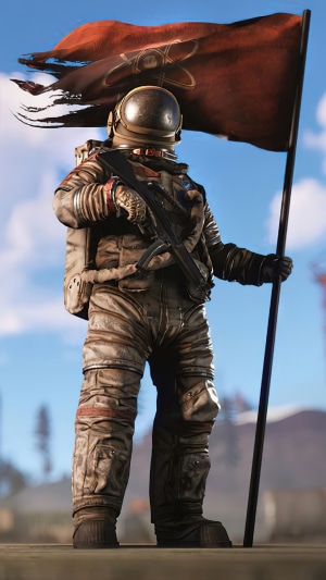 Rust character in hazmat suit holding a flag