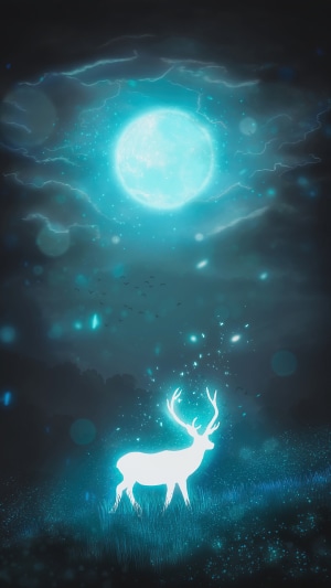 Glowing Deer Under a Bright Moon at Night
