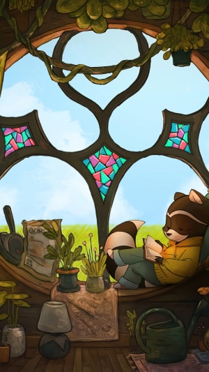 Raccoon reading a book in a cozy window nook