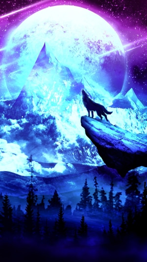Wolf howling at the moon in a fantasy landscape