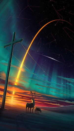 Deer and fawn under aurora and starry sky with cross