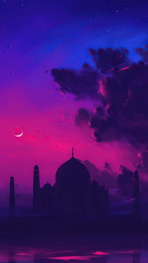 Taj Mahal at twilight with crescent moon