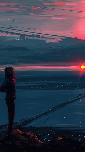 Girl watching sunset over a city landscape