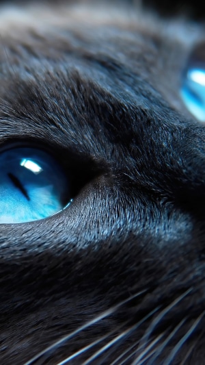 Close-up of a cat's blue eyes and dark fur