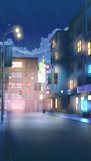 Anime street at night with neon signs and stars