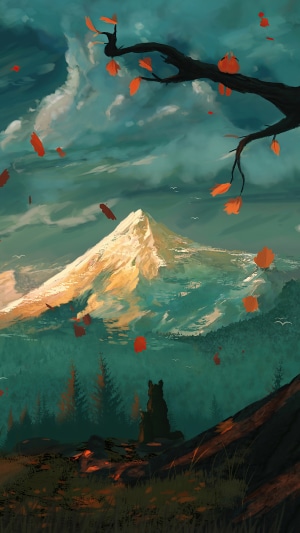 Bear looking at a mountain with falling leaves