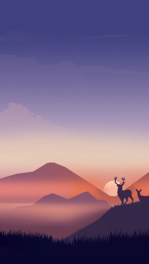 Minimalist sunrise with deer silhouettes over mountains