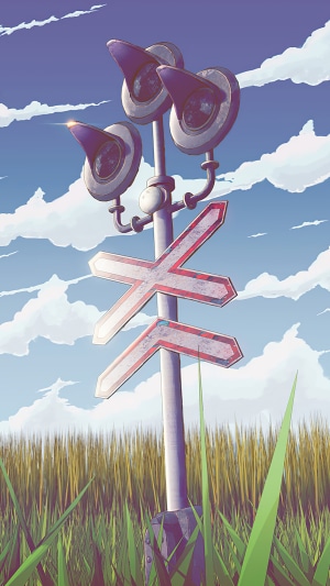 Railroad crossing signal in a field